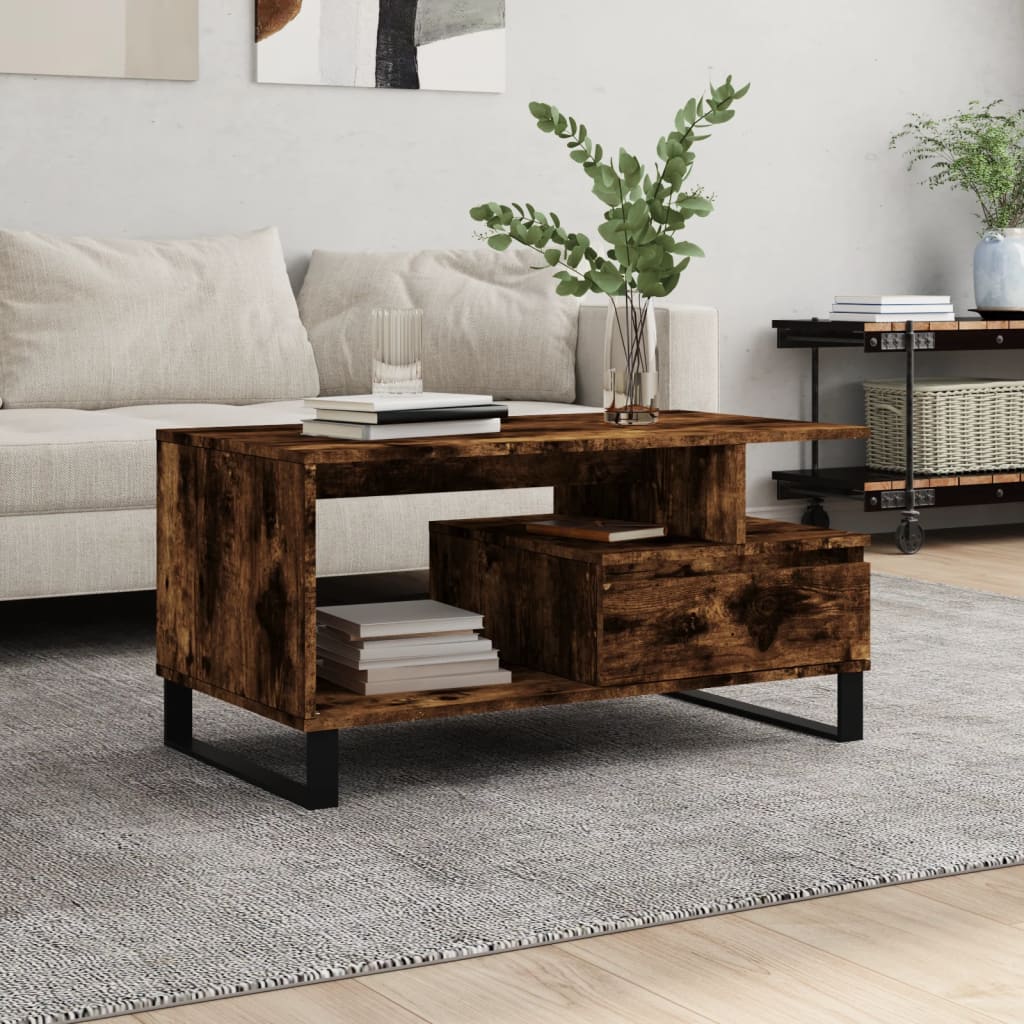 Modern Wooden Living Room Coffee Table With Open Storage & Drawer Wood