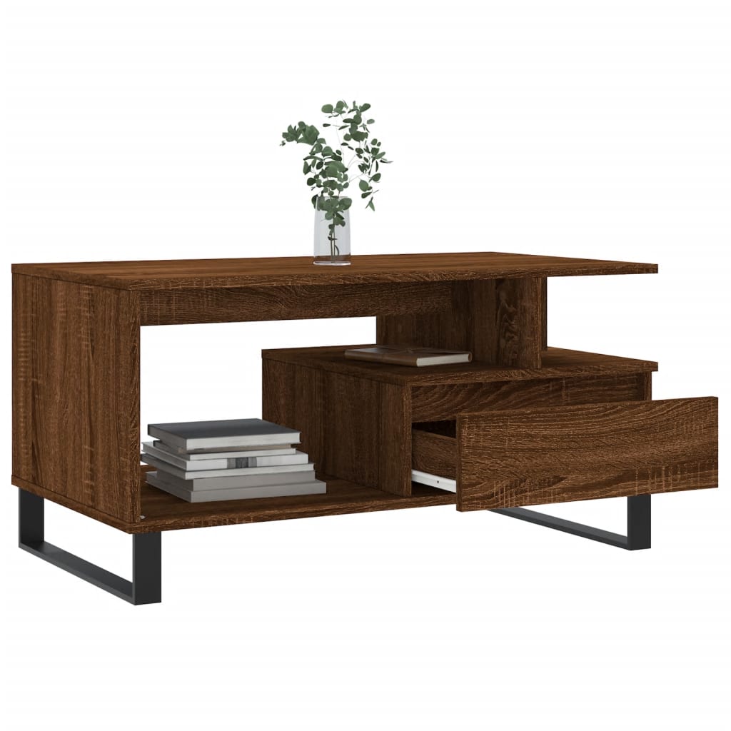 Modern Wooden Living Room Coffee Table With Open Storage & Drawer Wood