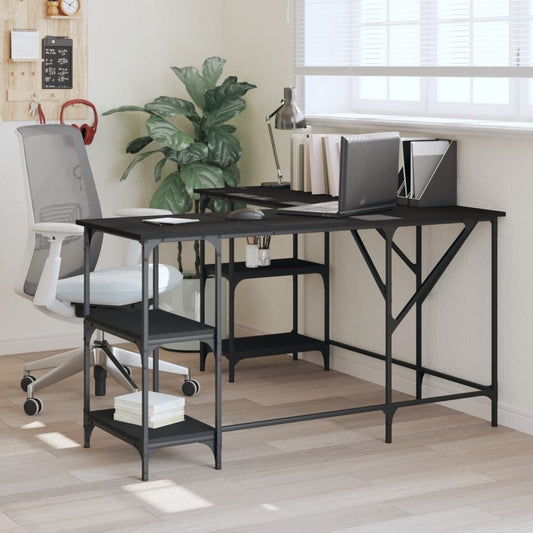 Industrial Wooden L-Shape Home Office Corner Computer Desk With Open Storage Shelves