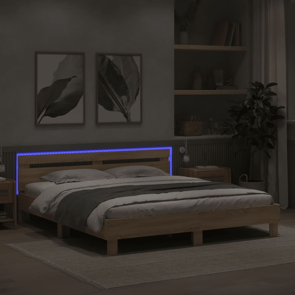 Modern Wooden Emperor Size 2m Bed Frame Base With Headboard & LED Light