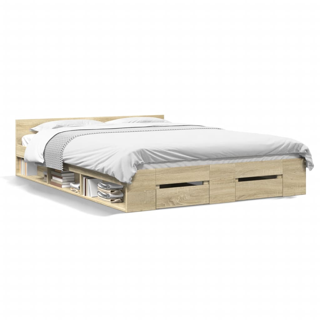 Modern Wooden Double Size 135cm Bed Frame Base With Open Storage & Drawers Wood