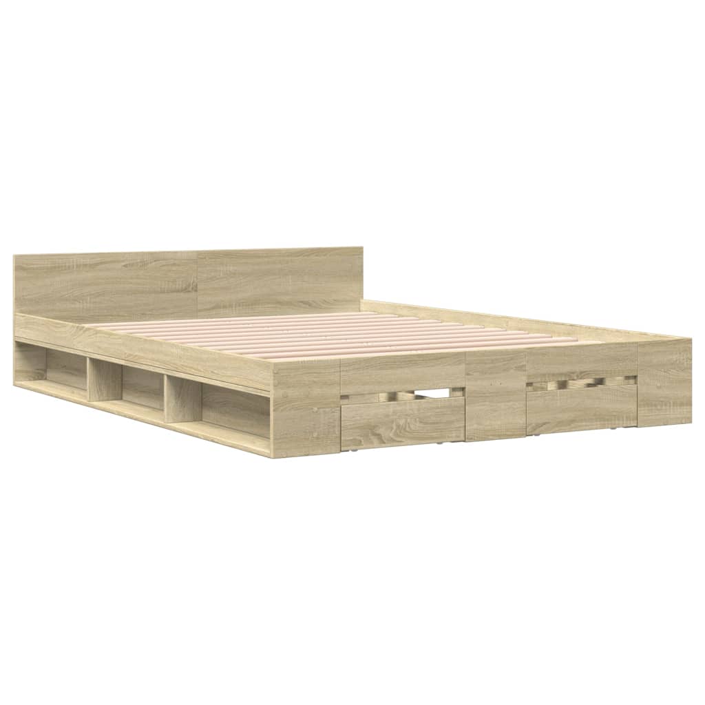 Modern Wooden Double Size 135cm Bed Frame Base With Open Storage & Drawers Wood