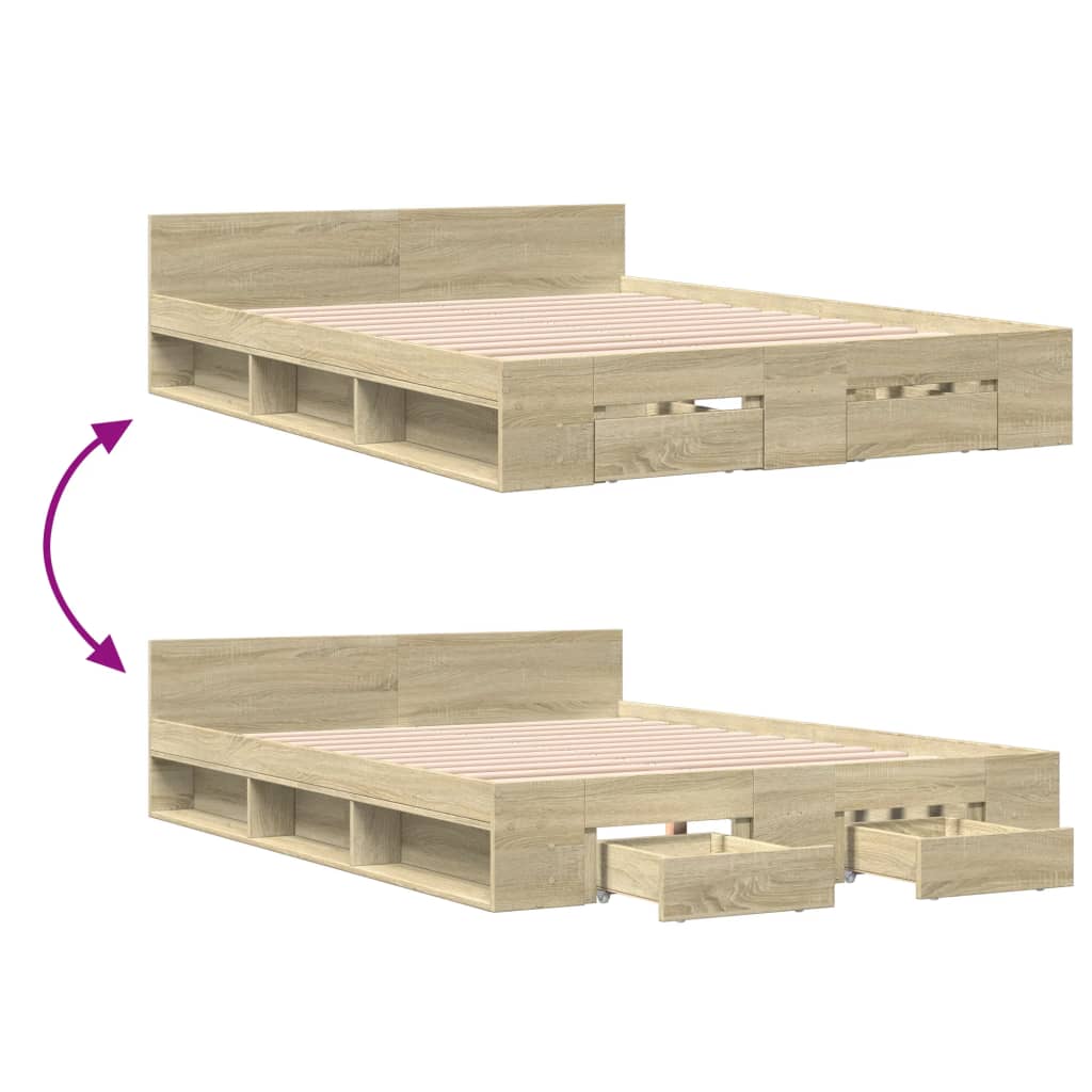Modern Wooden Double Size 135cm Bed Frame Base With Open Storage & Drawers Wood