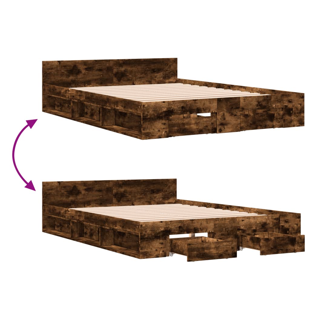 Modern Wooden Double Size 135cm Bed Frame Base With Open Storage & Drawers Wood