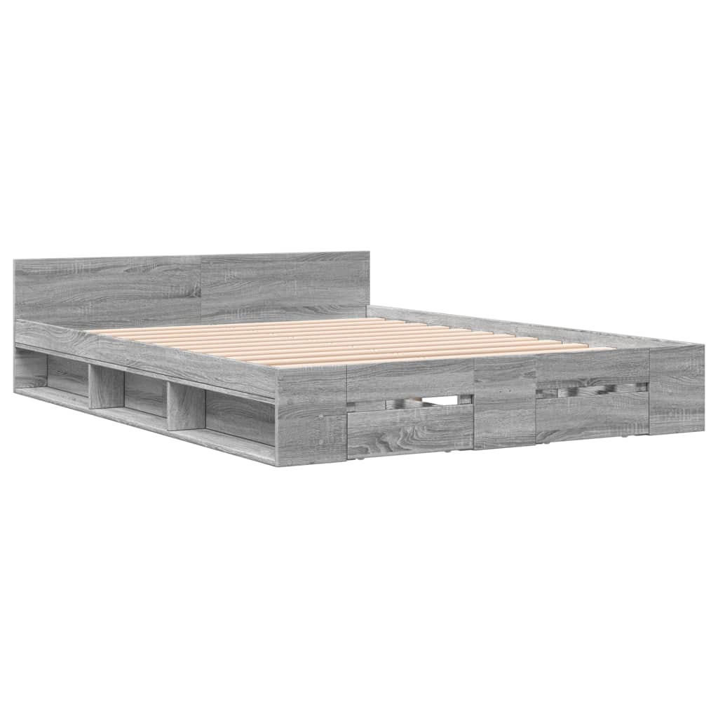 Modern Wooden Double Size 135cm Bed Frame Base With Open Storage & Drawers Wood