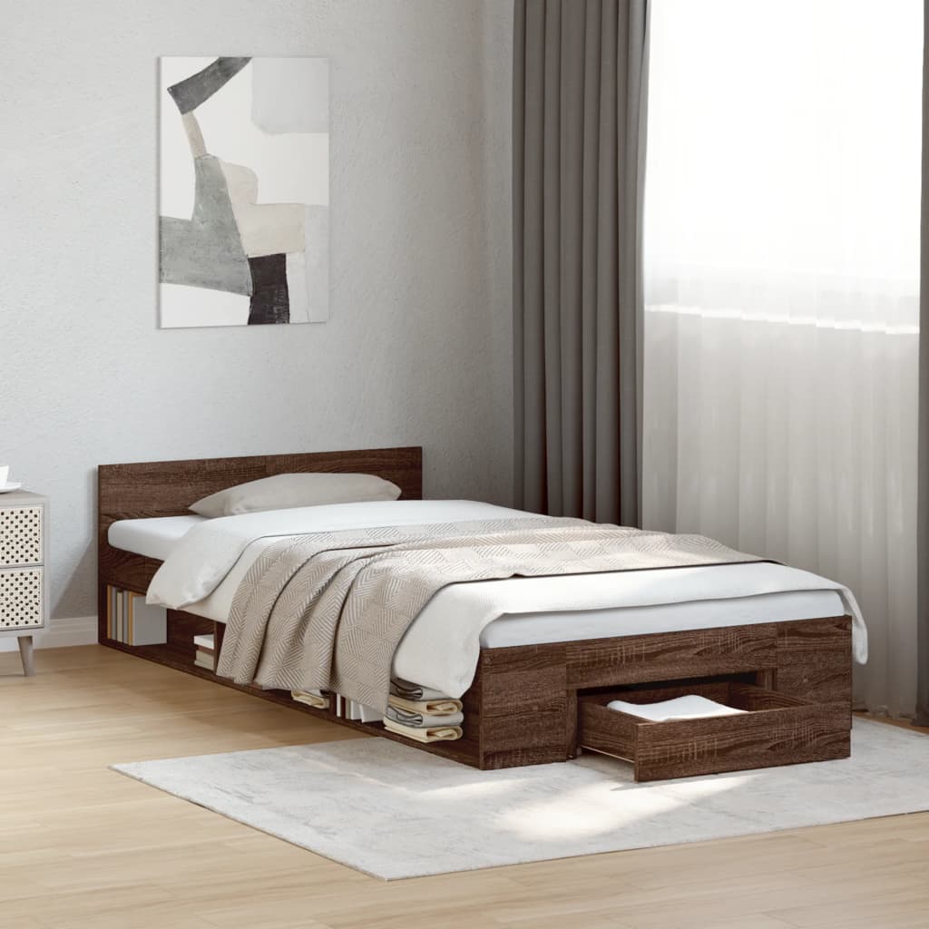 Modern Wooden Single Size 90cm Bed Frame Base With Under Storage Space & Drawer