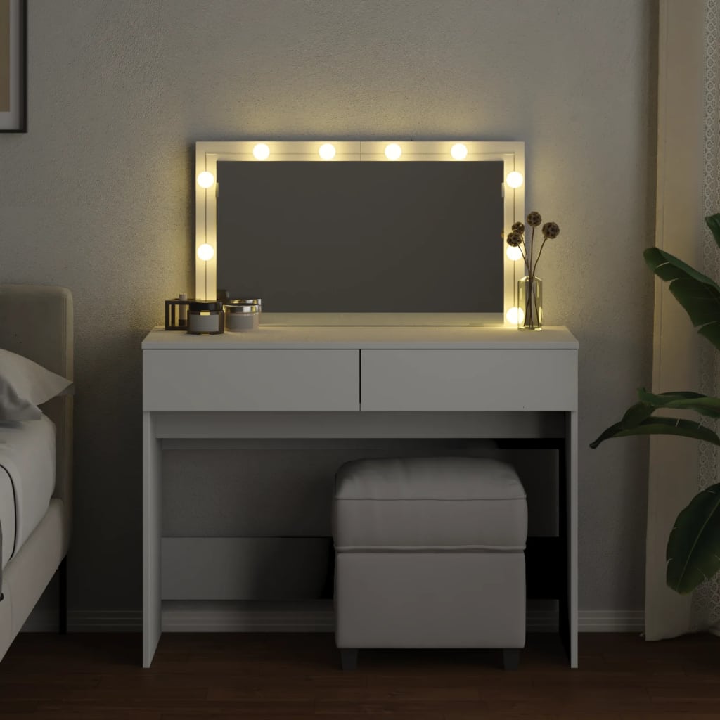 Modern Wooden Wide Dressing Table Makeup Vanity Desk With LED Mirror & Drawers