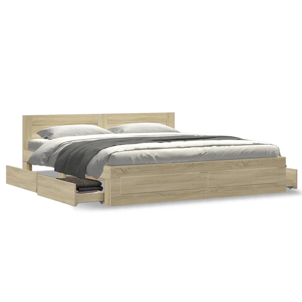 Modern Wooden Super King Size 180cm Bed Frame Base With Headboard & Drawers