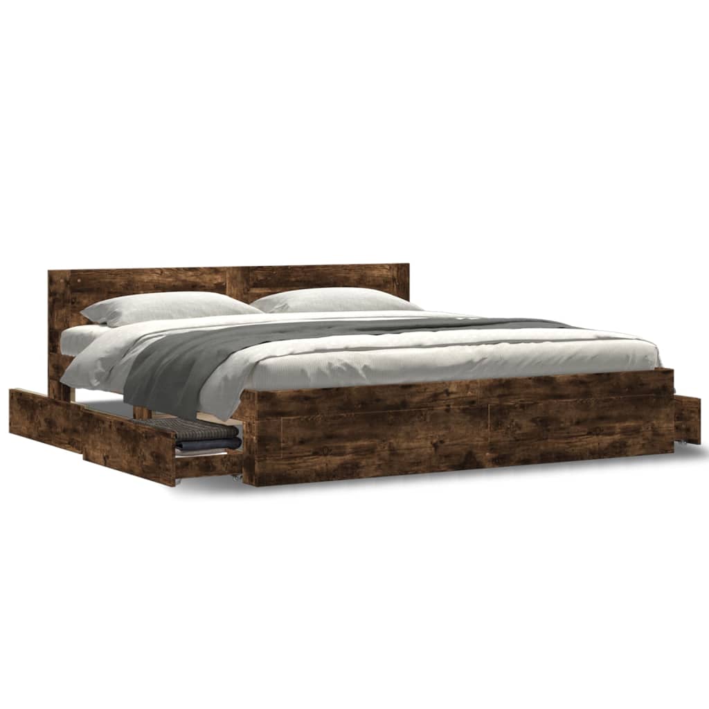 Modern Wooden Super King Size 180cm Bed Frame Base With Headboard & Drawers