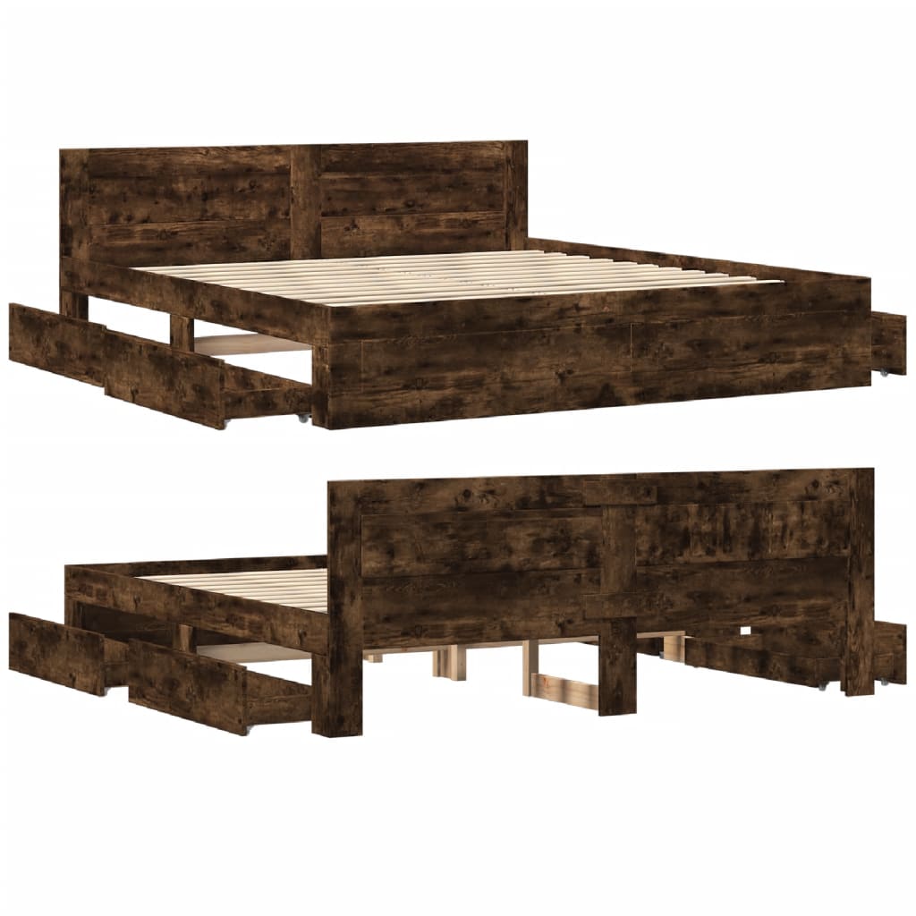 Modern Wooden Super King Size 180cm Bed Frame Base With Headboard & Drawers