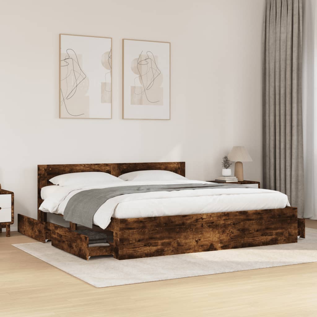 Modern Wooden Super King Size 180cm Bed Frame Base With Headboard & Drawers
