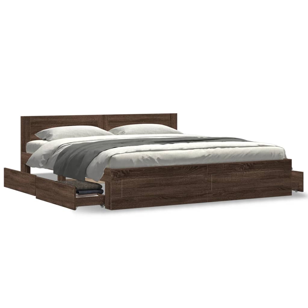 Modern Wooden Super King Size 180cm Bed Frame Base With Headboard & Drawers