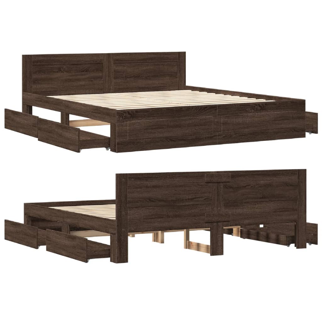 Modern Wooden Super King Size 180cm Bed Frame Base With Headboard & Drawers