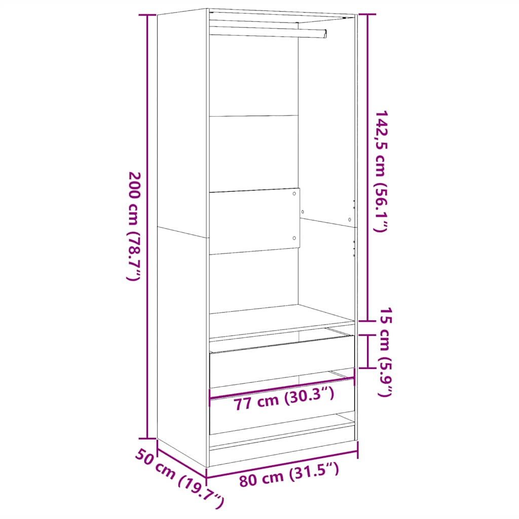 Modern Wooden 80cm Open Tall Bedroom Wardrobe With 2 Drawers Hanging Rail
