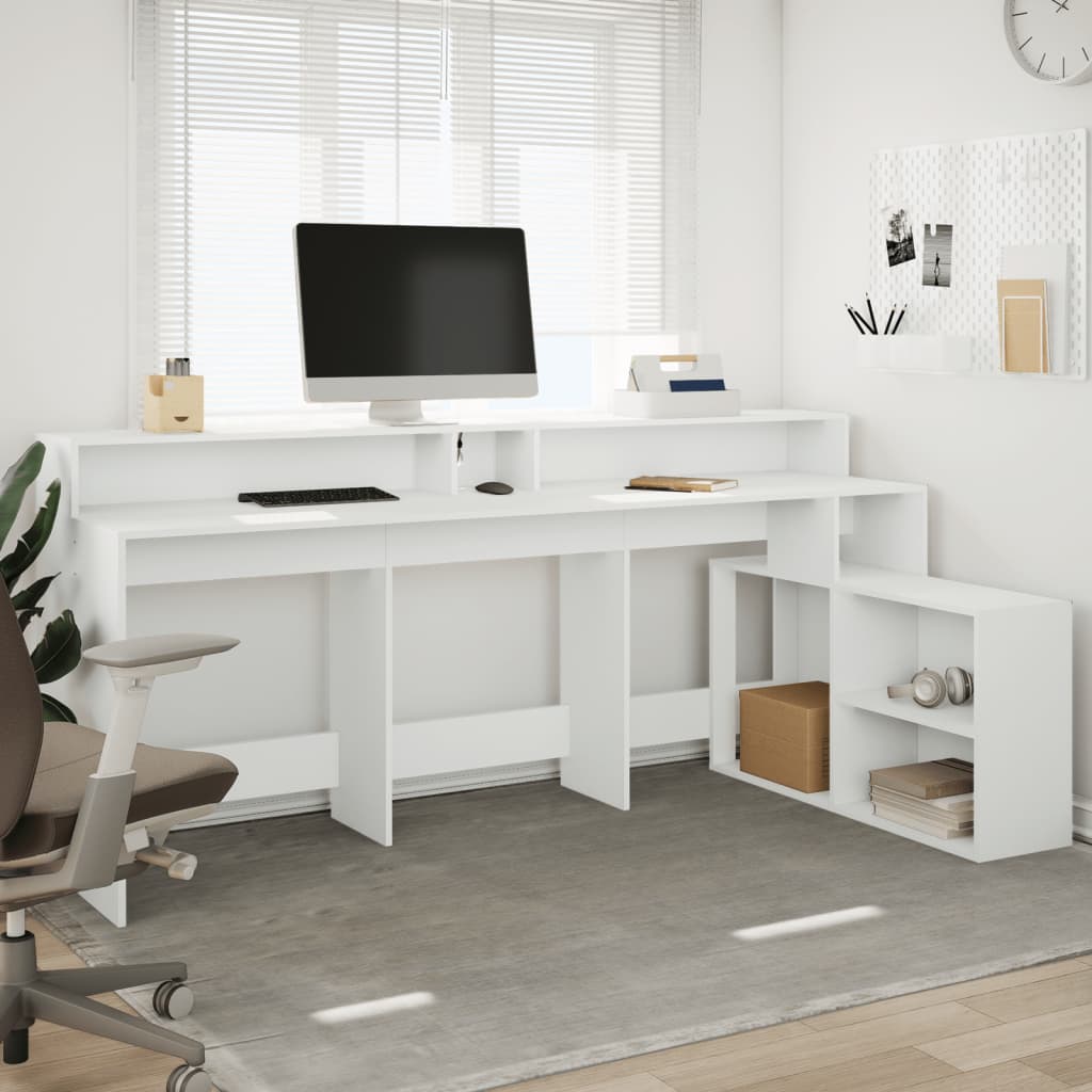 Modern Wooden Large Home Office Gaming Computer Desk With LED Lights Storage