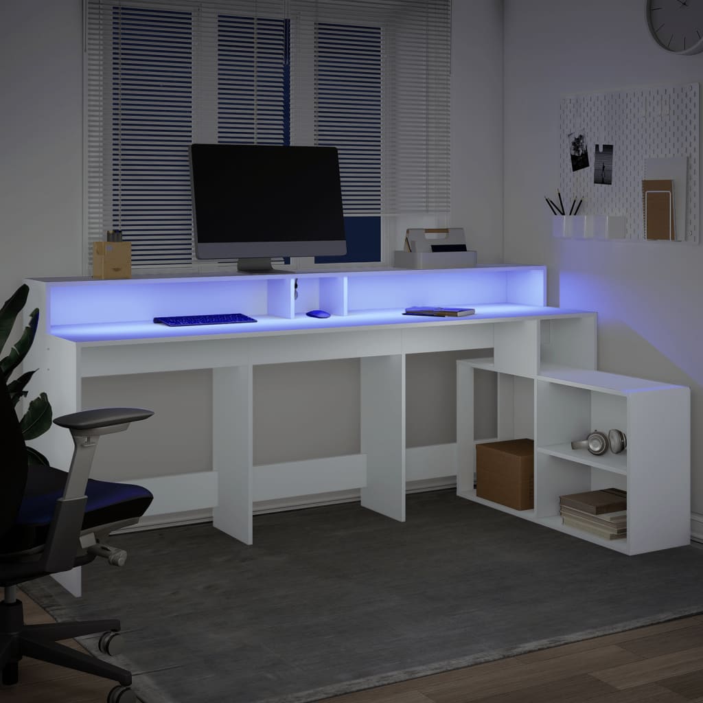 Modern Wooden Large Home Office Gaming Computer Desk With LED Lights Storage