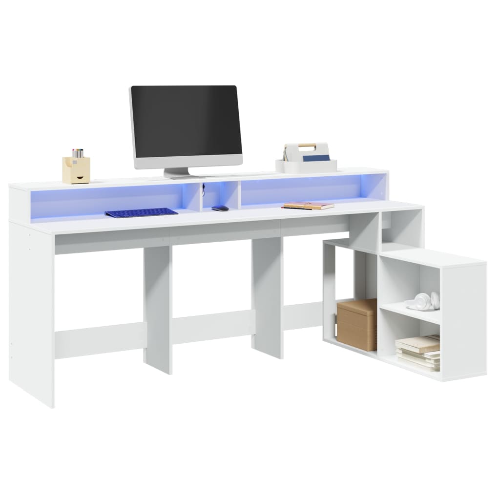 Modern Wooden Large Home Office Gaming Computer Desk With LED Lights Storage