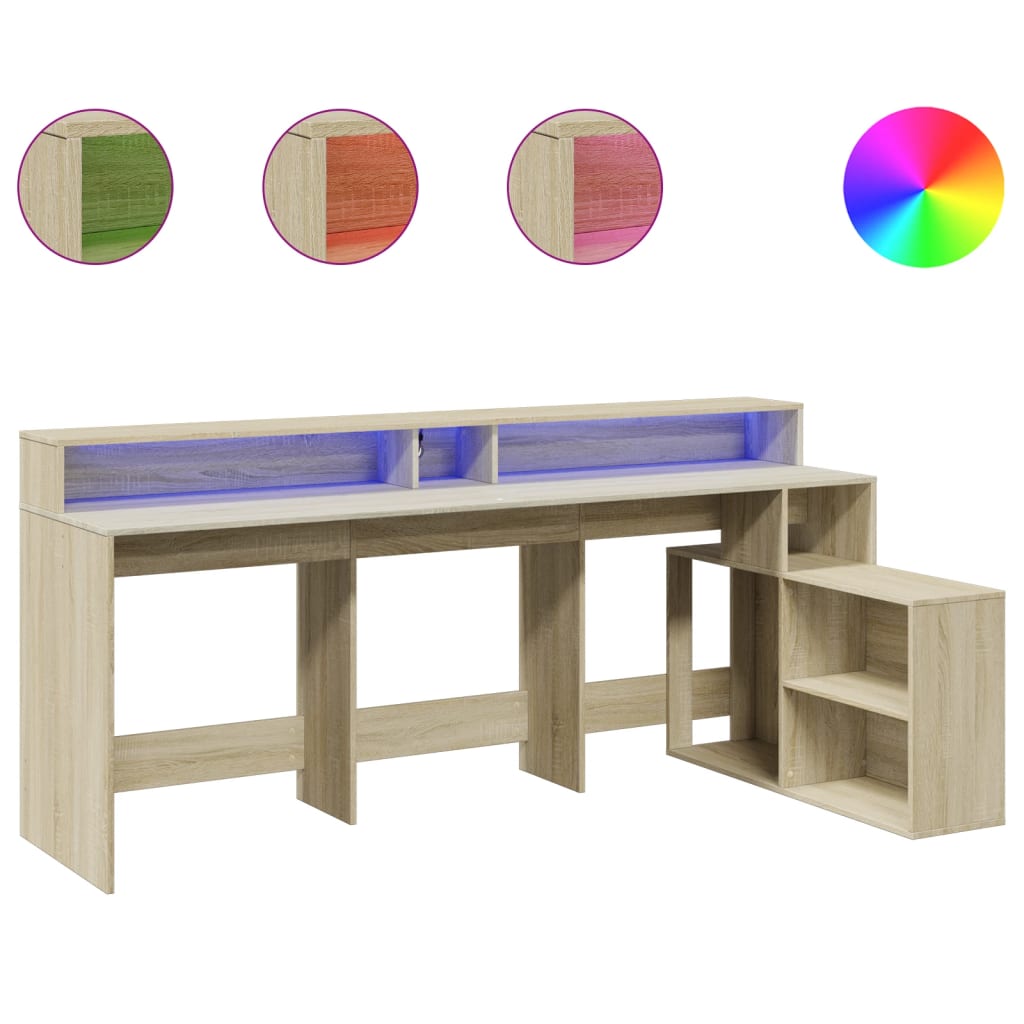 Modern Wooden Large Home Office Gaming Computer Desk With LED Lights Storage