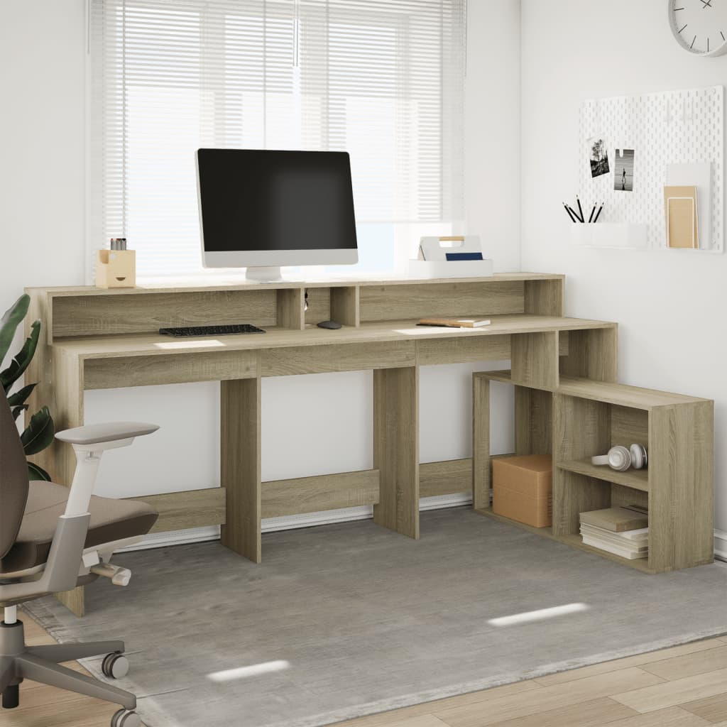Modern Wooden Large Home Office Gaming Computer Desk With LED Lights Storage