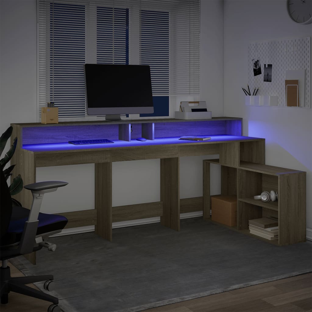 Modern Wooden Large Home Office Gaming Computer Desk With LED Lights Storage
