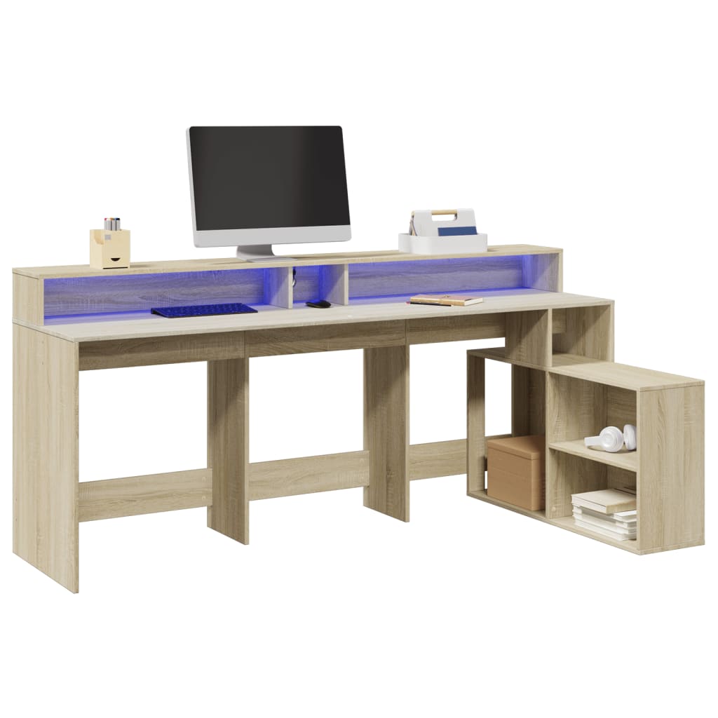 Modern Wooden Large Home Office Gaming Computer Desk With LED Lights Storage
