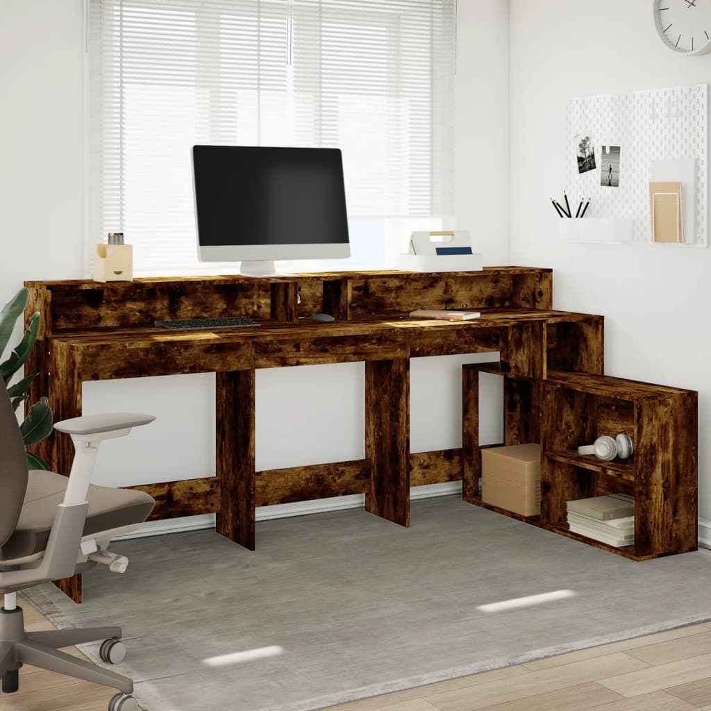 Modern Wooden Large Home Office Gaming Computer Desk With LED Lights Storage