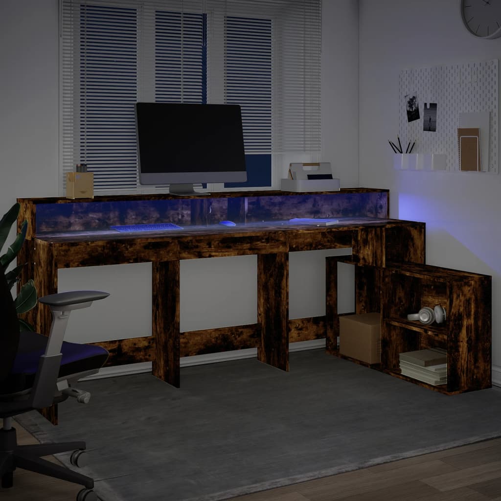 Modern Wooden Large Home Office Gaming Computer Desk With LED Lights Storage