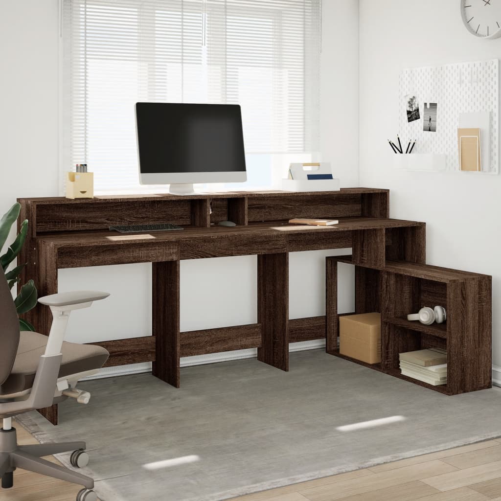 Modern Wooden Large Home Office Gaming Computer Desk With LED Lights Storage