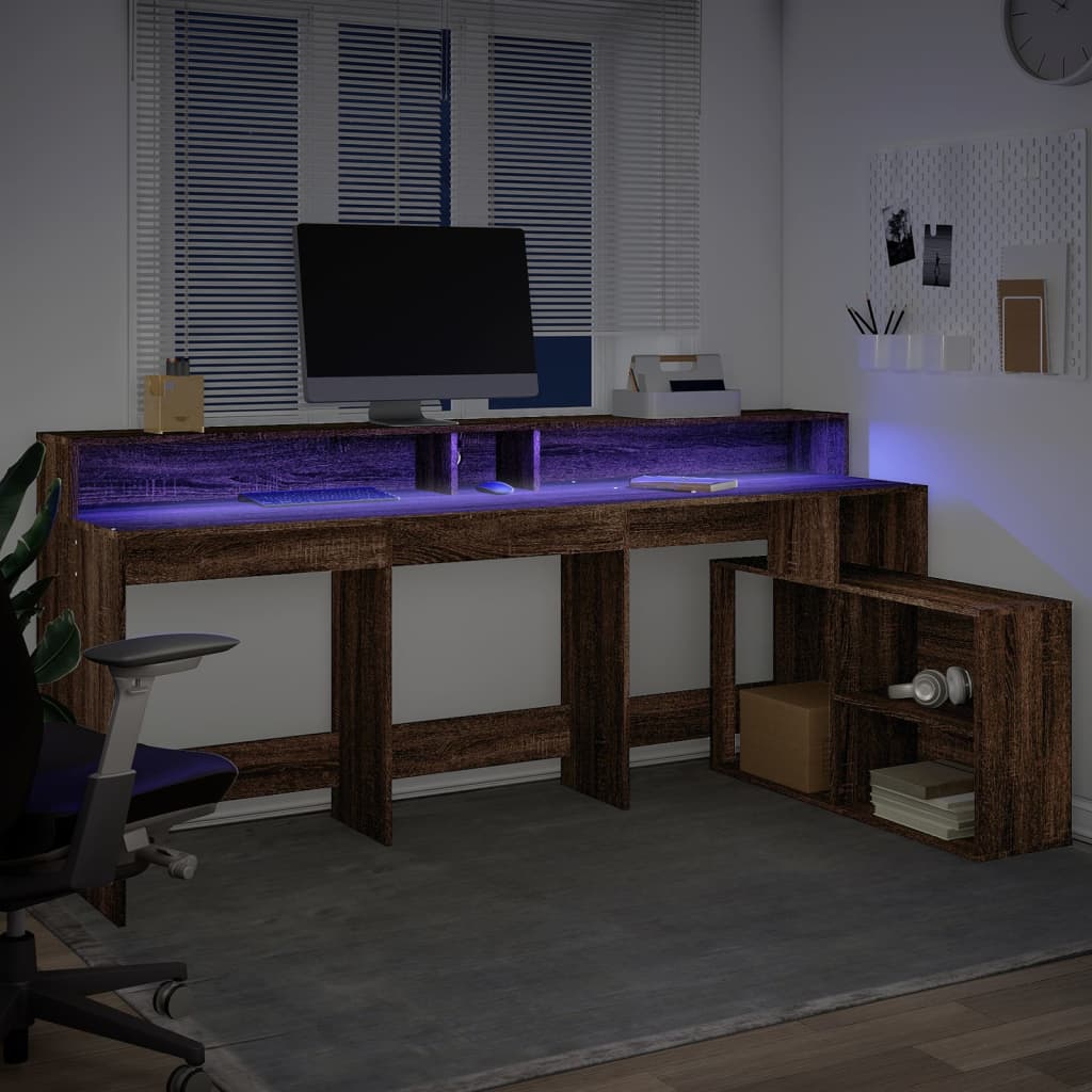 Modern Wooden Large Home Office Gaming Computer Desk With LED Lights Storage