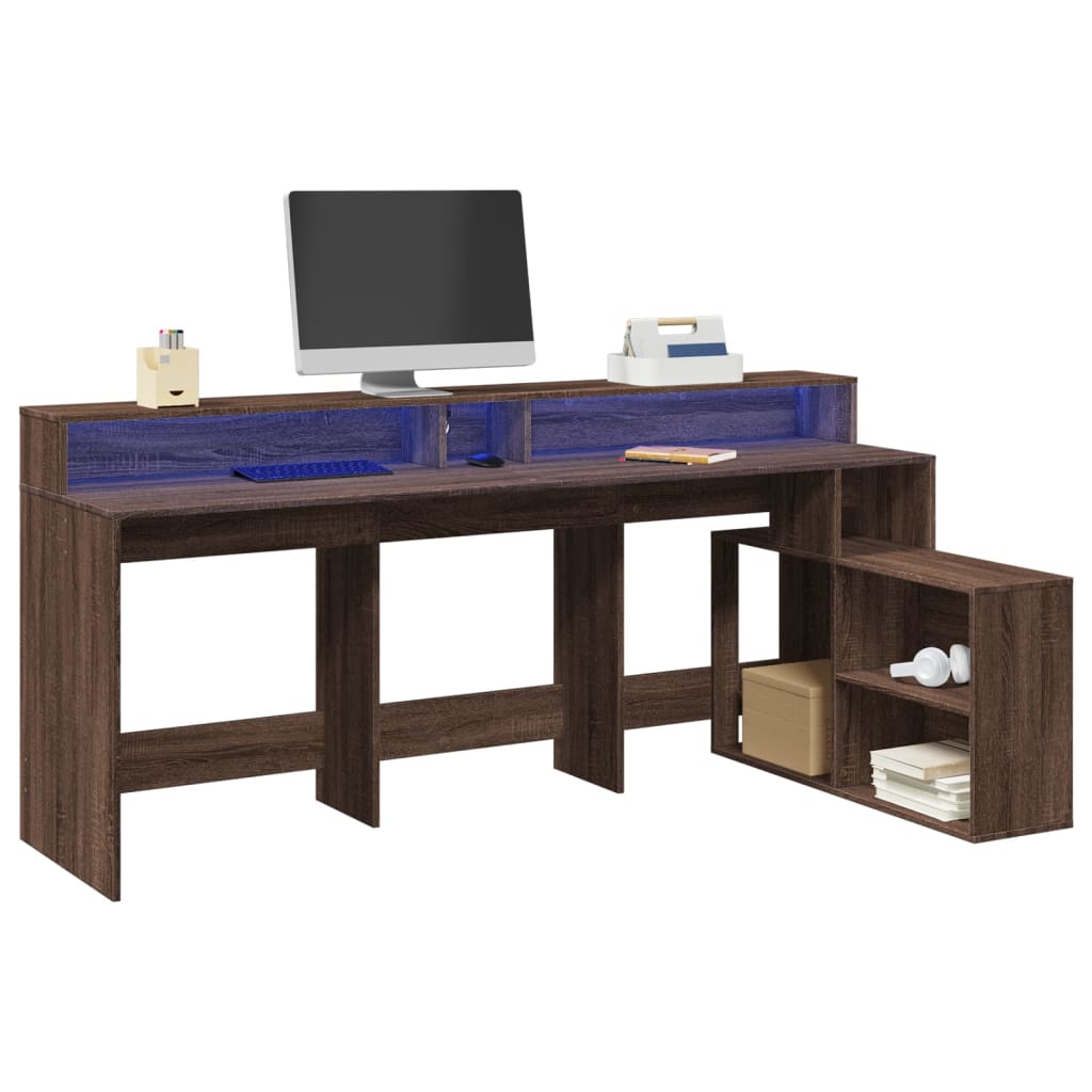 Modern Wooden Large Home Office Gaming Computer Desk With LED Lights Storage