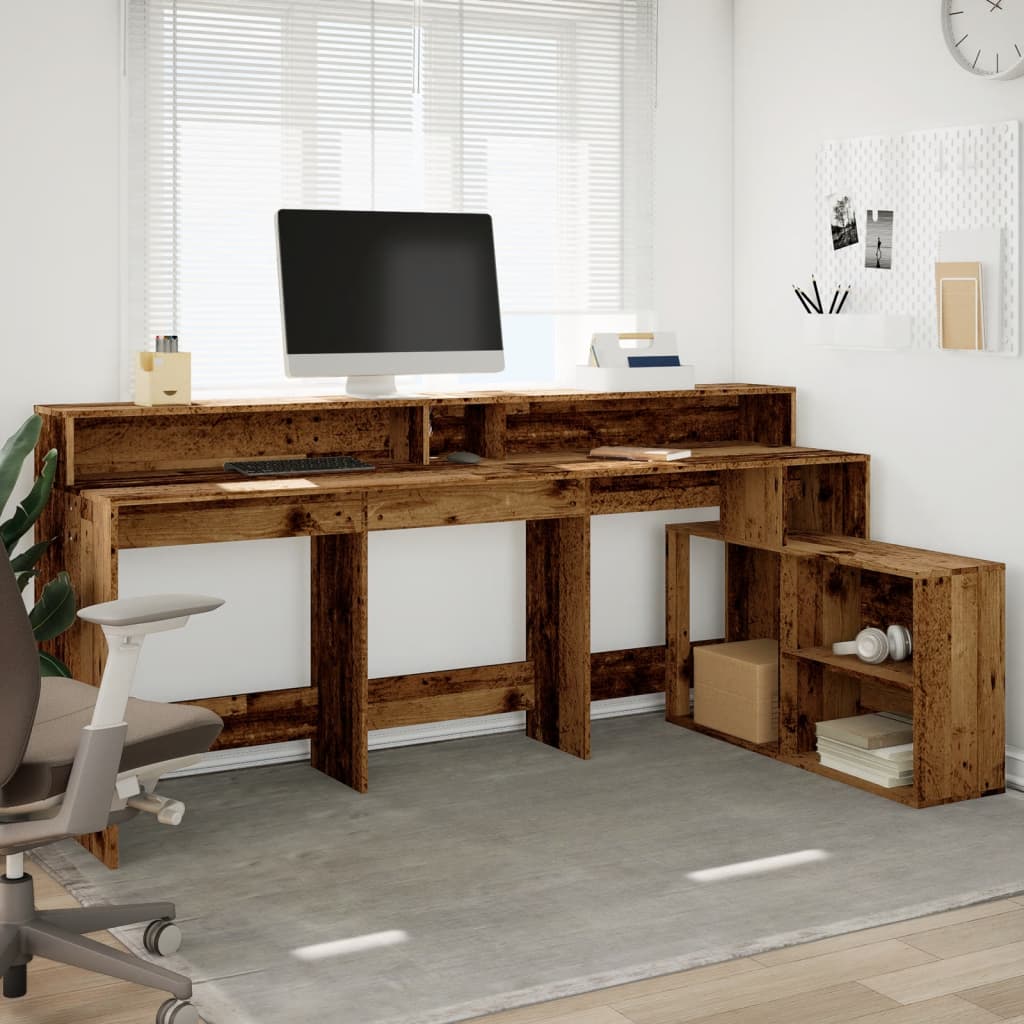 Modern Wooden Large Home Office Gaming Computer Desk With LED Lights Storage