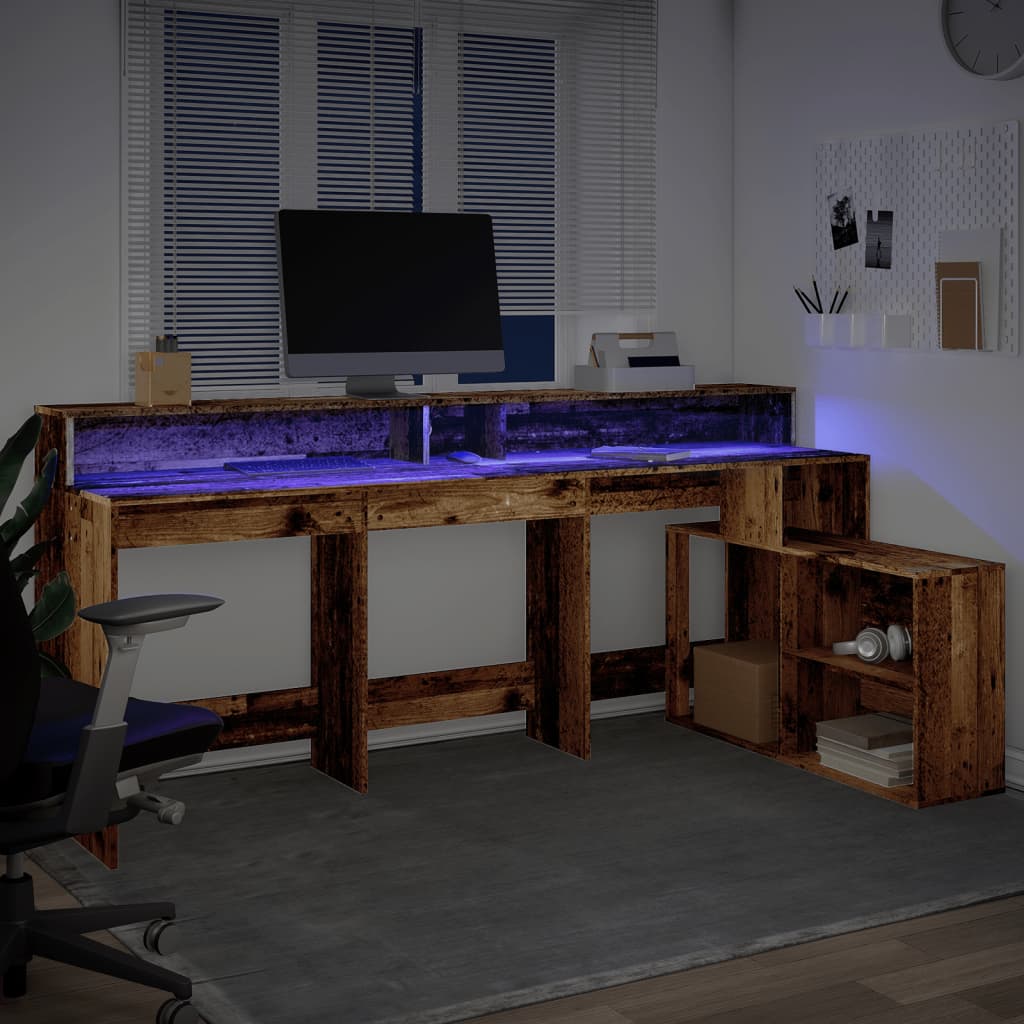 Modern Wooden Large Home Office Gaming Computer Desk With LED Lights Storage