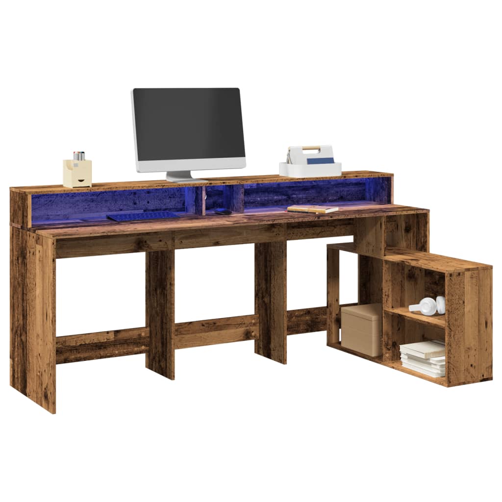 Modern Wooden Large Home Office Gaming Computer Desk With LED Lights Storage
