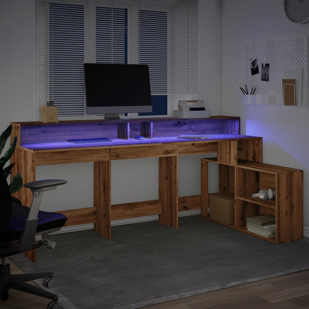Modern Wooden Large Home Office Gaming Computer Desk With LED Lights Storage