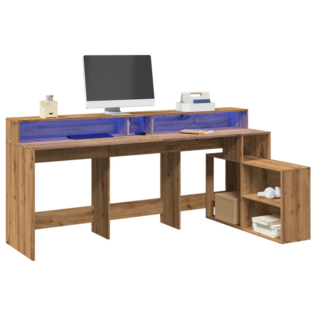 Modern Wooden Large Home Office Gaming Computer Desk With LED Lights Storage