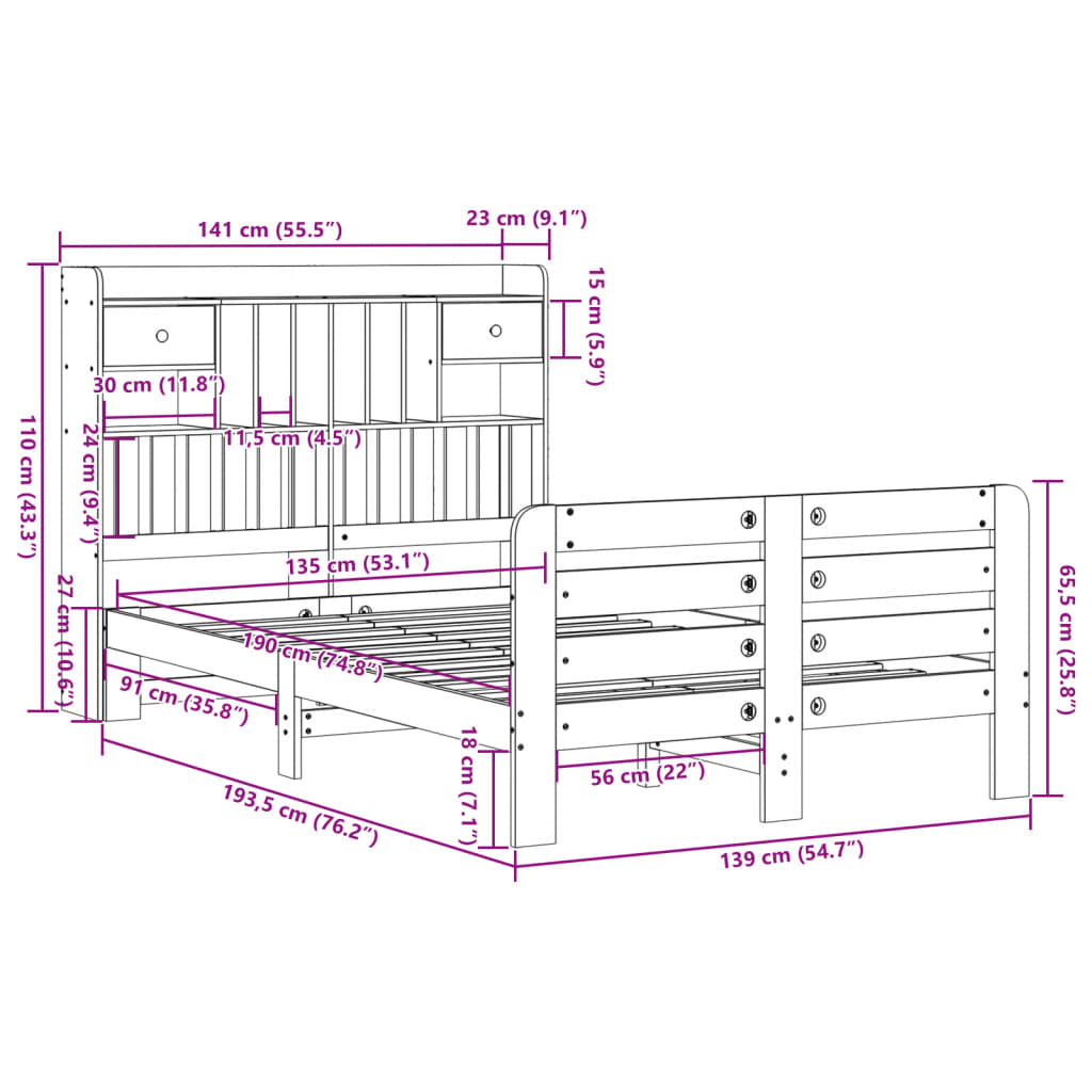 Bookcase Bed without Mattress White 135x190 cm Double Solid Wood Pine