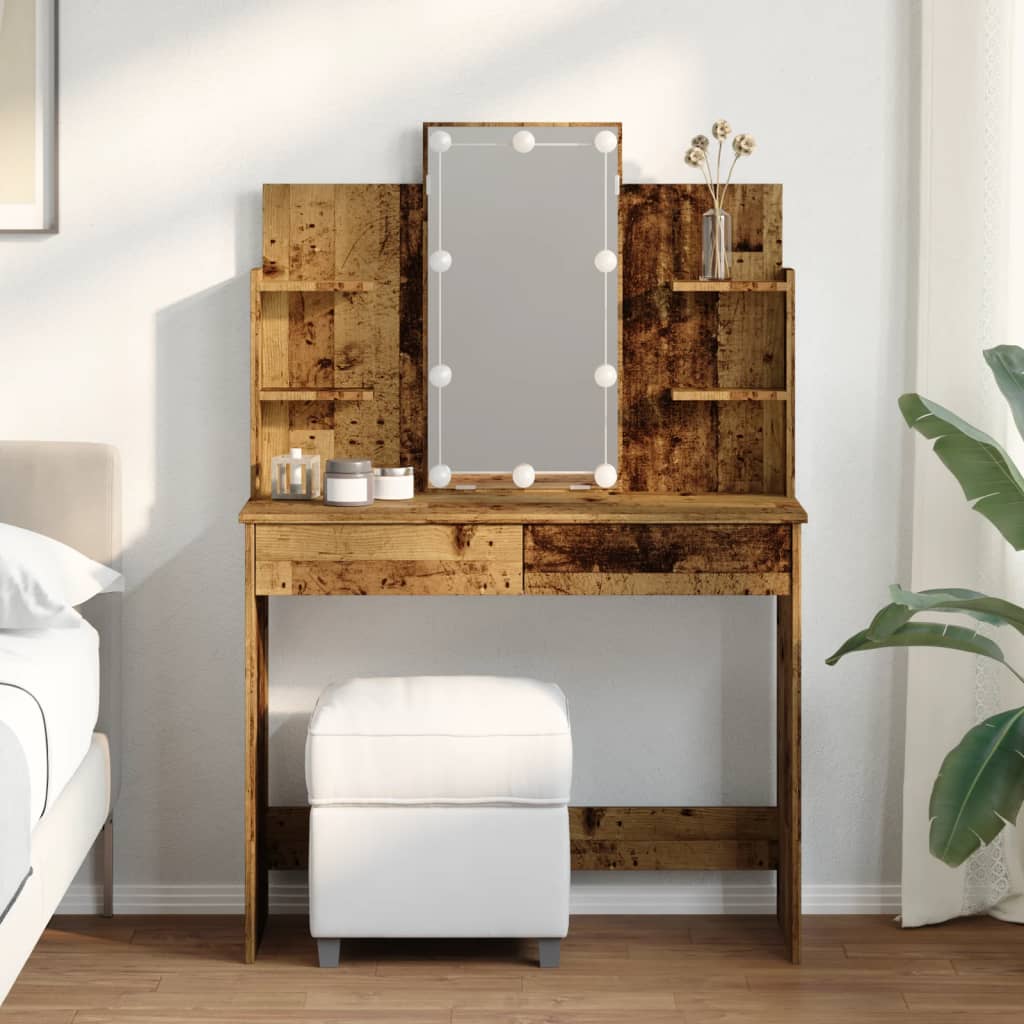 Modern Wooden Dressing Table Makeup Vanity Desk With LED Mirror & Drawers