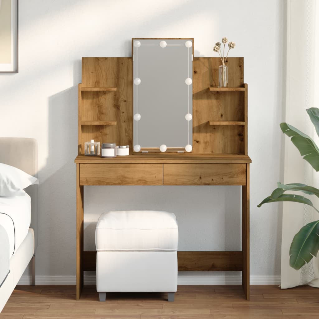 Modern Wooden Dressing Table Makeup Vanity Desk With LED Mirror & Drawers