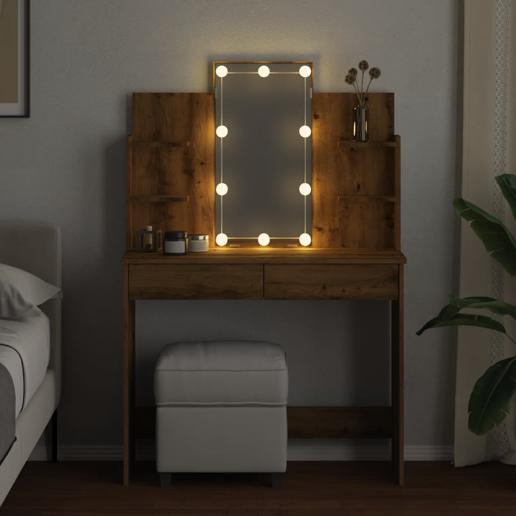 Modern Wooden Dressing Table Makeup Vanity Desk With LED Mirror & Drawers