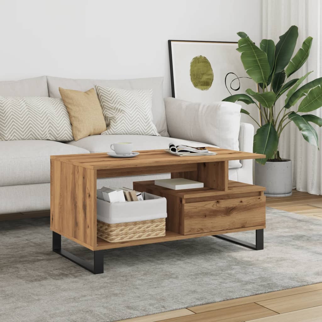 Modern Wooden Living Room Coffee Table With Open Storage & Drawer Wood