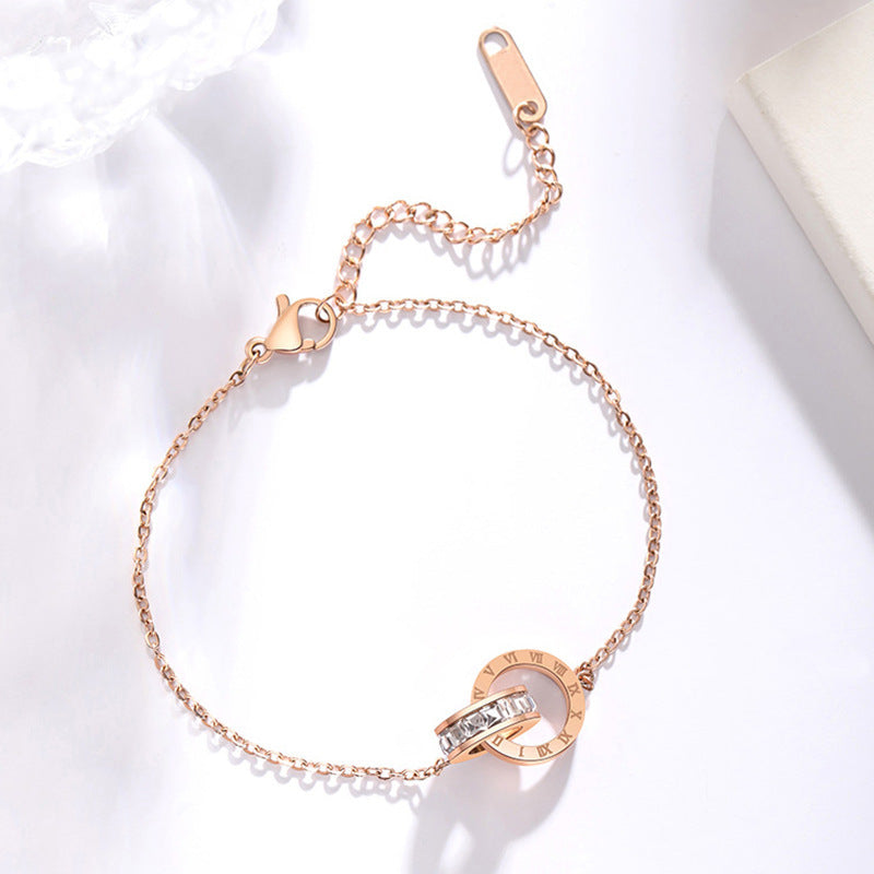 Luxury Diamond Zircon Roman Numeral Titanium Steel Bracelet for Women - Rose Gold