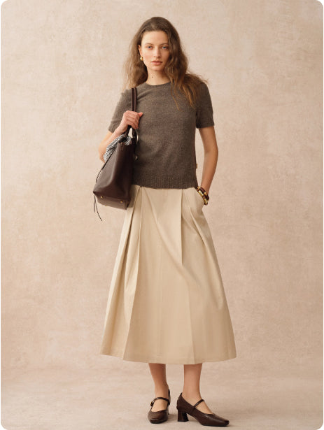 Khaki Tencel Cotton Type A Pleated Tooling Skirt