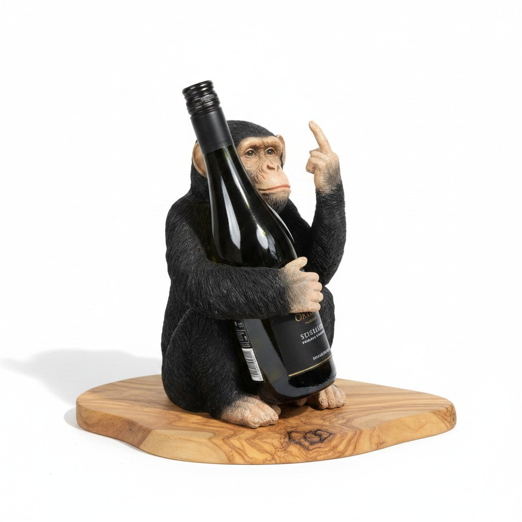 Funny Chimp Monkey Wine Bottle Holder | Luxury Olive Wood Base Countertop Display