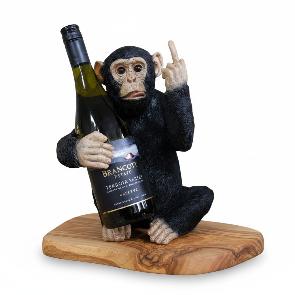 Funny Chimp Monkey Wine Bottle Holder | Luxury Olive Wood Base Countertop Display