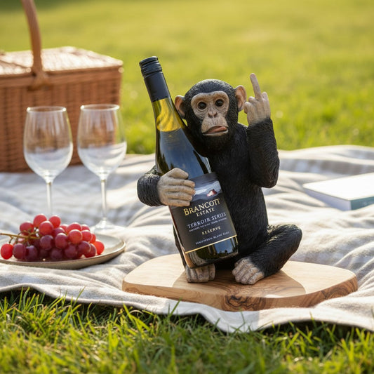 Funny Chimp Monkey Wine Bottle Holder | Luxury Olive Wood Base Countertop Display