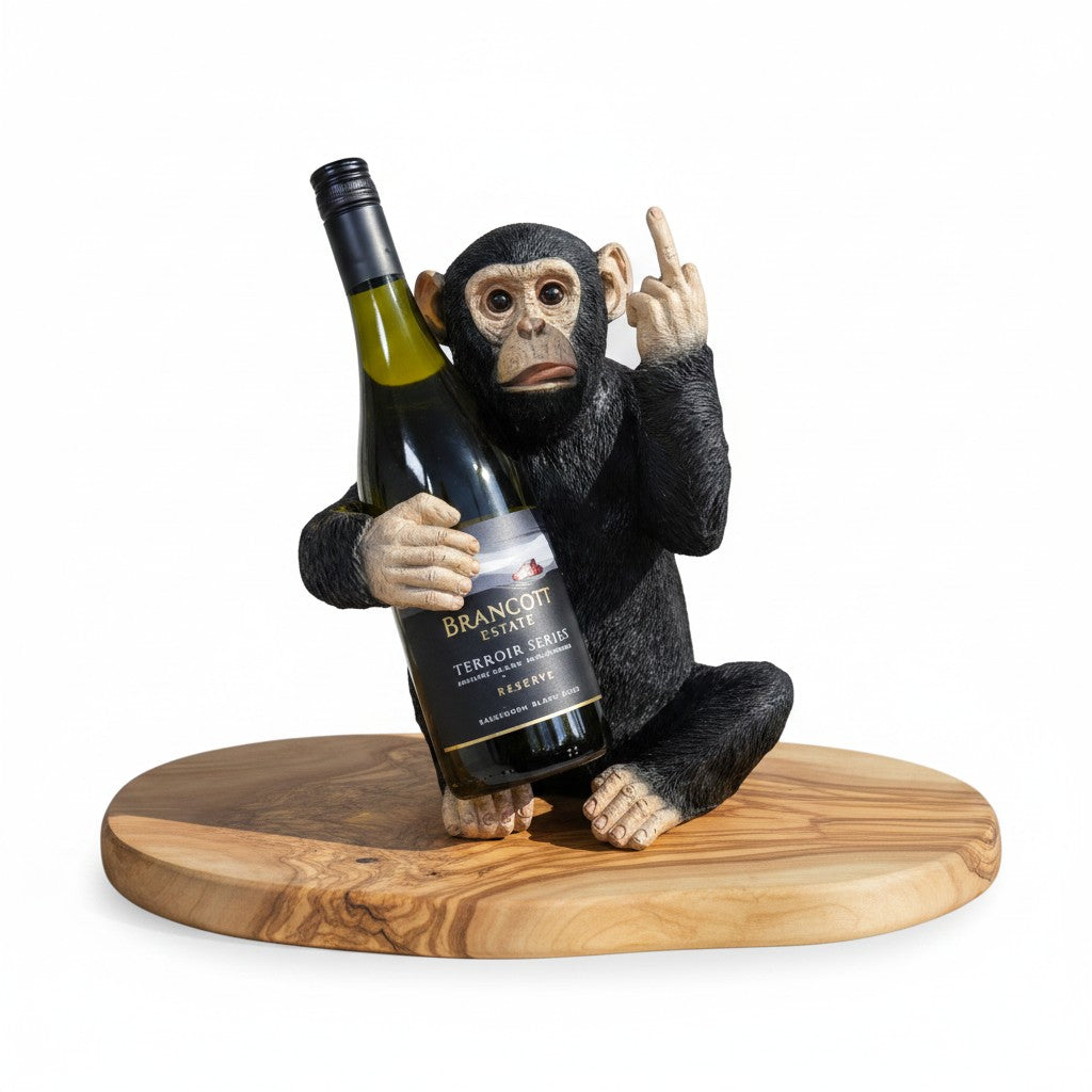 Funny Chimp Monkey Wine Bottle Holder | Luxury Olive Wood Base Countertop Display