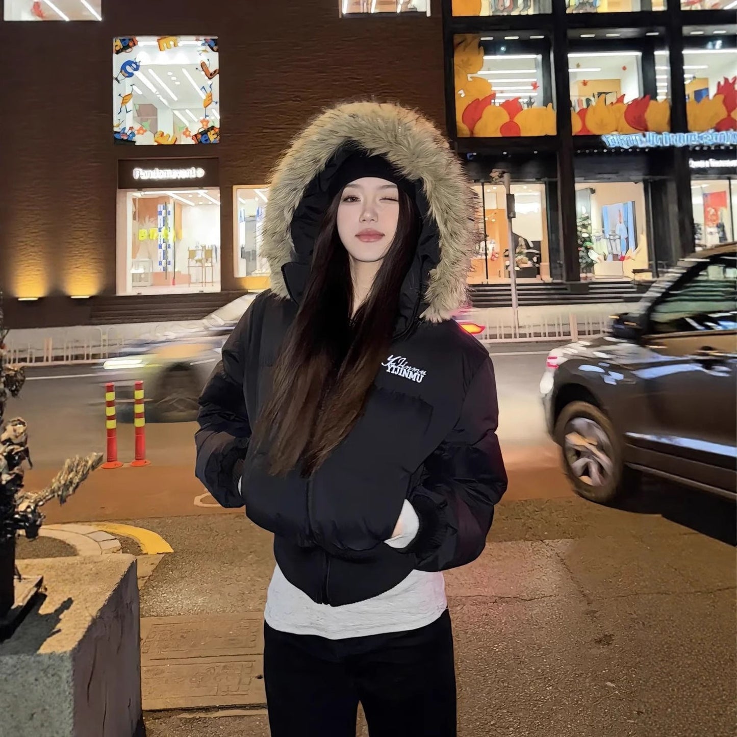 American Winter Short Faux Fur Collar Padded Coat For Women