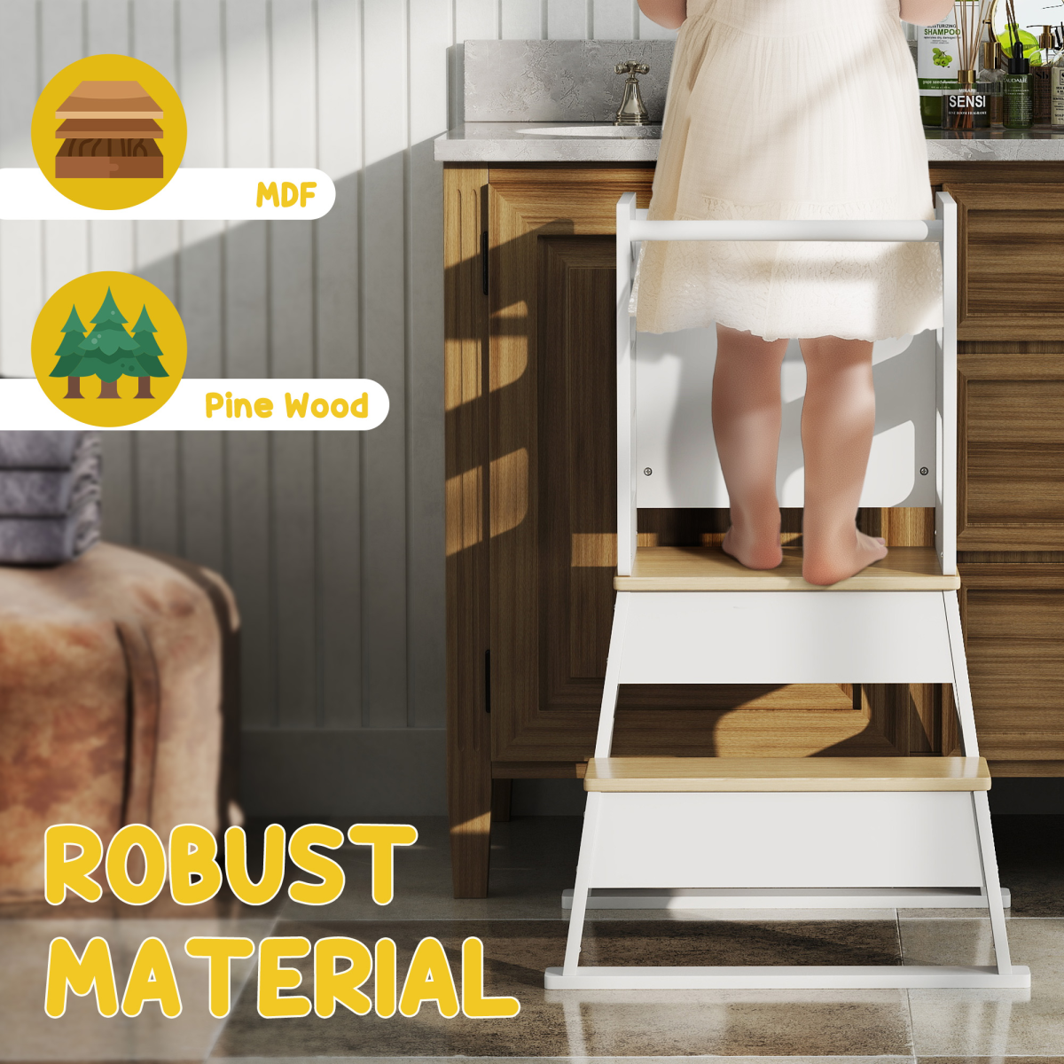 AIYAPLAY 2 in 1 Toddler Tower w/ Chalkboard, Safety Rail, for Kitchen, Sink