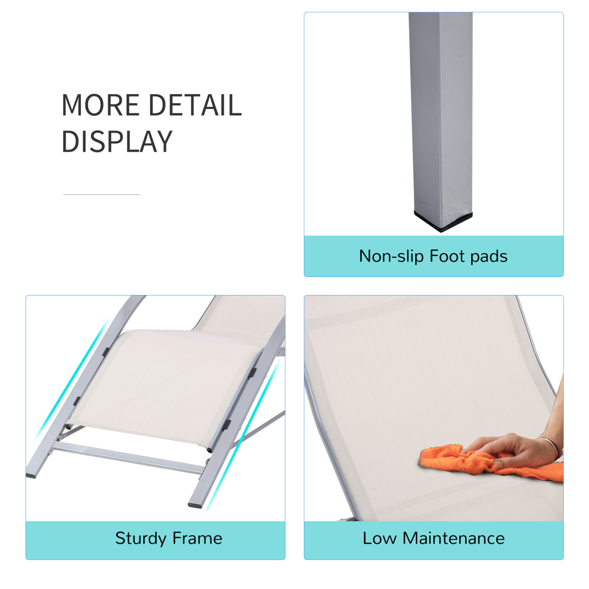 3 Pieces Lounge Chair Set Garden Sunbathing Chair w/ Table Cream Outsunny