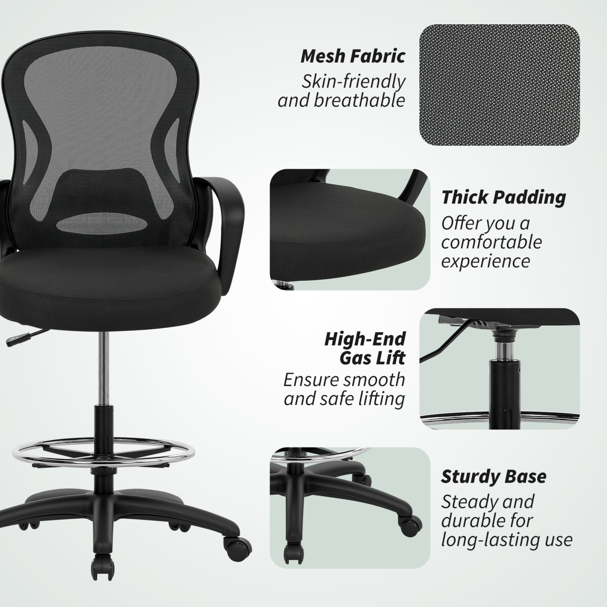 Vinsetto Mesh Office Chair with Lumbar Support, Adjustable Height, Black